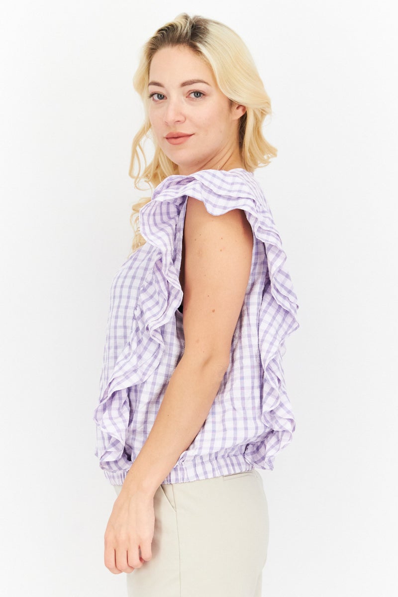 Riley & Rae Women Crew Neck Cap Sleeve Checkered Ruffled Top, Lavender - Image 4